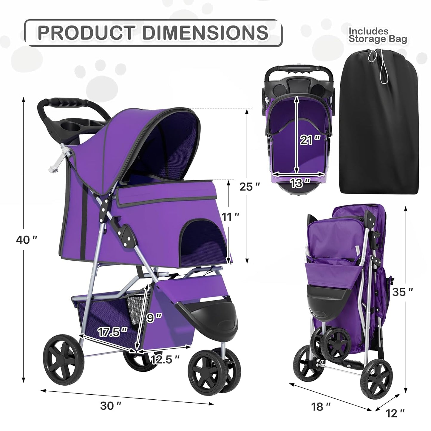 MoNiBloom Foldable Pet Stroller with Weather Cover, 3 Wheels Pet Strolling Cart for Small/Medium Dogs and Cats with Storage Basket and Cup Holder, Breathable and Visible Mesh for All-Season, Black