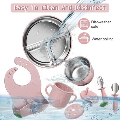 MISSLILI Stainless Steel Kids Plates and Bowls Set with Suction, Divided Baby Plate and Toddler Bowl with Removable Silicone Suction,Stainless Steel Weaning Bundle, Silicone Baby Feeding Set (Pink)