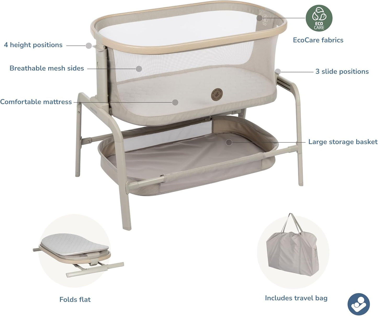 Maxi-Cosi Iora Baby Bassinets Bedside Sleeper, Portable Bassinet, Infant Bedside Sleeper Crib, Height Adjustable, Breathable Mesh, Large Storage Basket, Truffle