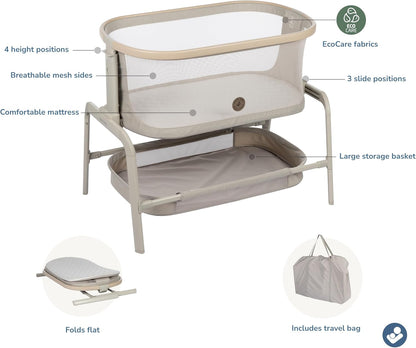 Maxi-Cosi Iora Baby Bassinets Bedside Sleeper, Portable Bassinet, Infant Bedside Sleeper Crib, Height Adjustable, Breathable Mesh, Large Storage Basket, Truffle