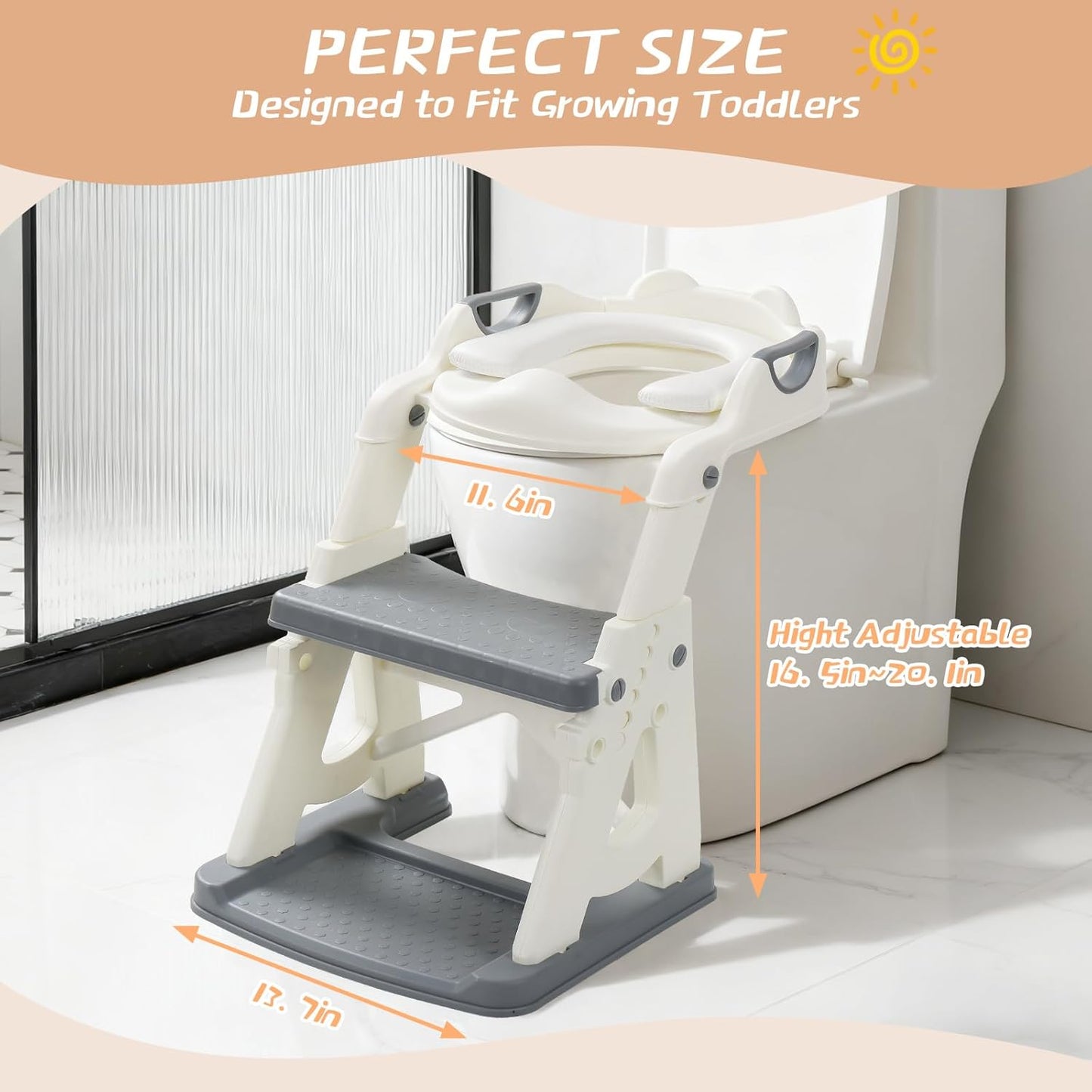 Potty Training Toilet Seat for Toddlers,2 in 1 Toddler Toilet Seat with Steps, Grey Adjustable Toddler Seat for Boys Girls,with Anti-Slip Steps Splash Guard Safety Handles.