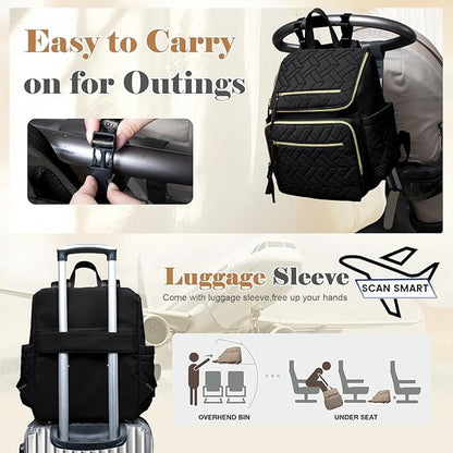 Omanmoli Diaper Bag Backpack Large Baby Travel Bag Diaper Essential Bag with 17 Diaper Bag Organizers,4 Insulated Pockets,Portable Changing Pad,Stroller Buckles,Black