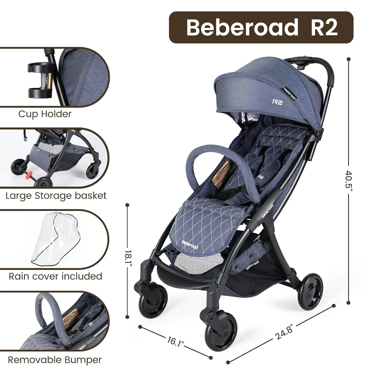 Beberoad Lightweight Baby Stroller for Airplane R2 Small Travel Stroller Compact Strollers Foldable, Infant Toddler Stroller with Adjustable Backrest, Cup Holder and Waterproof Canopy, Black