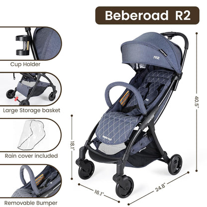 Beberoad Lightweight Baby Stroller for Airplane R2 Small Travel Stroller Compact Strollers Foldable, Infant Toddler Stroller with Adjustable Backrest, Cup Holder and Waterproof Canopy, Black