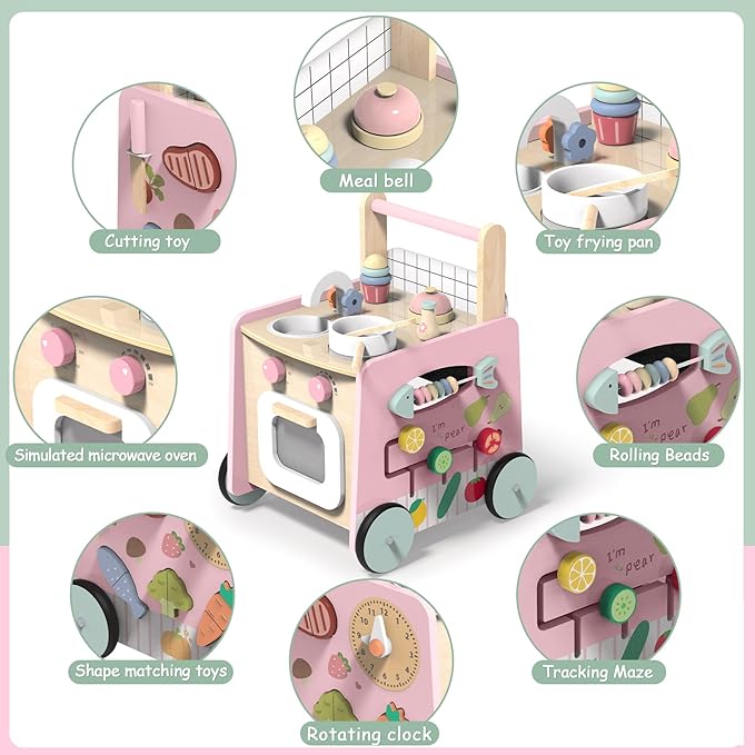 Gigglegems Wooden Baby Walker 4-in-1 with Push Walker Toys, Play Kitchen Accessories, Toddlers Montessori Sensory Toys, Walking Toys for Baby Girls Boys Learning to Walk