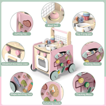 Gigglegems Wooden Baby Walker 4-in-1 with Push Walker Toys, Play Kitchen Accessories, Toddlers Montessori Sensory Toys, Walking Toys for Baby Girls Boys Learning to Walk