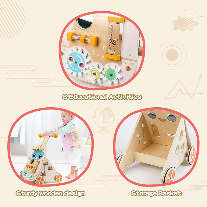 Wooden Baby Walker, Adjustable Speed Push and Pull Learning Activity Walker, Toddler Push Walker Activity Center Toys with 7 Educational Activities for Boys Girls 1 2 3 Year Old