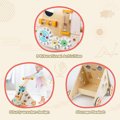 Wooden Baby Walker, Adjustable Speed Push and Pull Learning Activity Walker, Toddler Push Walker Activity Center Toys with 7 Educational Activities for Boys Girls 1 2 3 Year Old