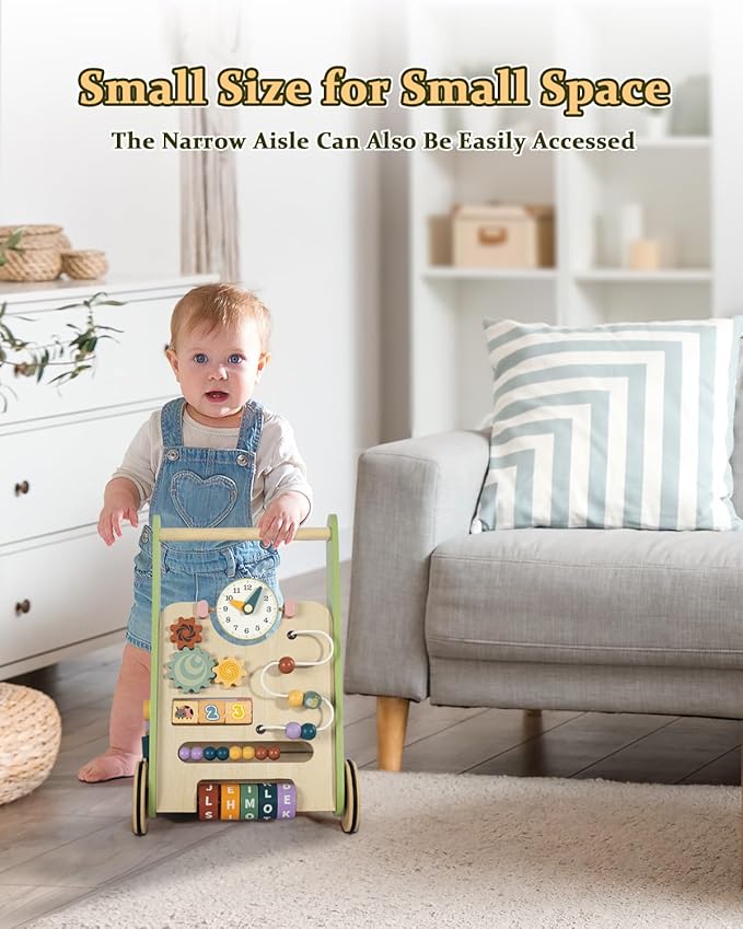 Wooden Baby Walker with Wheels, Push Walker for Baby Boy 12 Months, Baby Activity Center Sit to Stand Walker Small Size