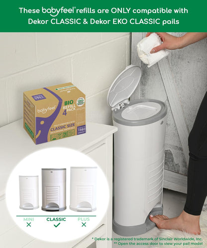 Babyfeel BIO Refills Compatible with DEKOR CLASSIC Diaper Pails | 100% Compostable |4 Pack |50% Extra Thickness | Compost Refill bags with Running Low Indicator |Powerful Odor Control | Fragrance-free