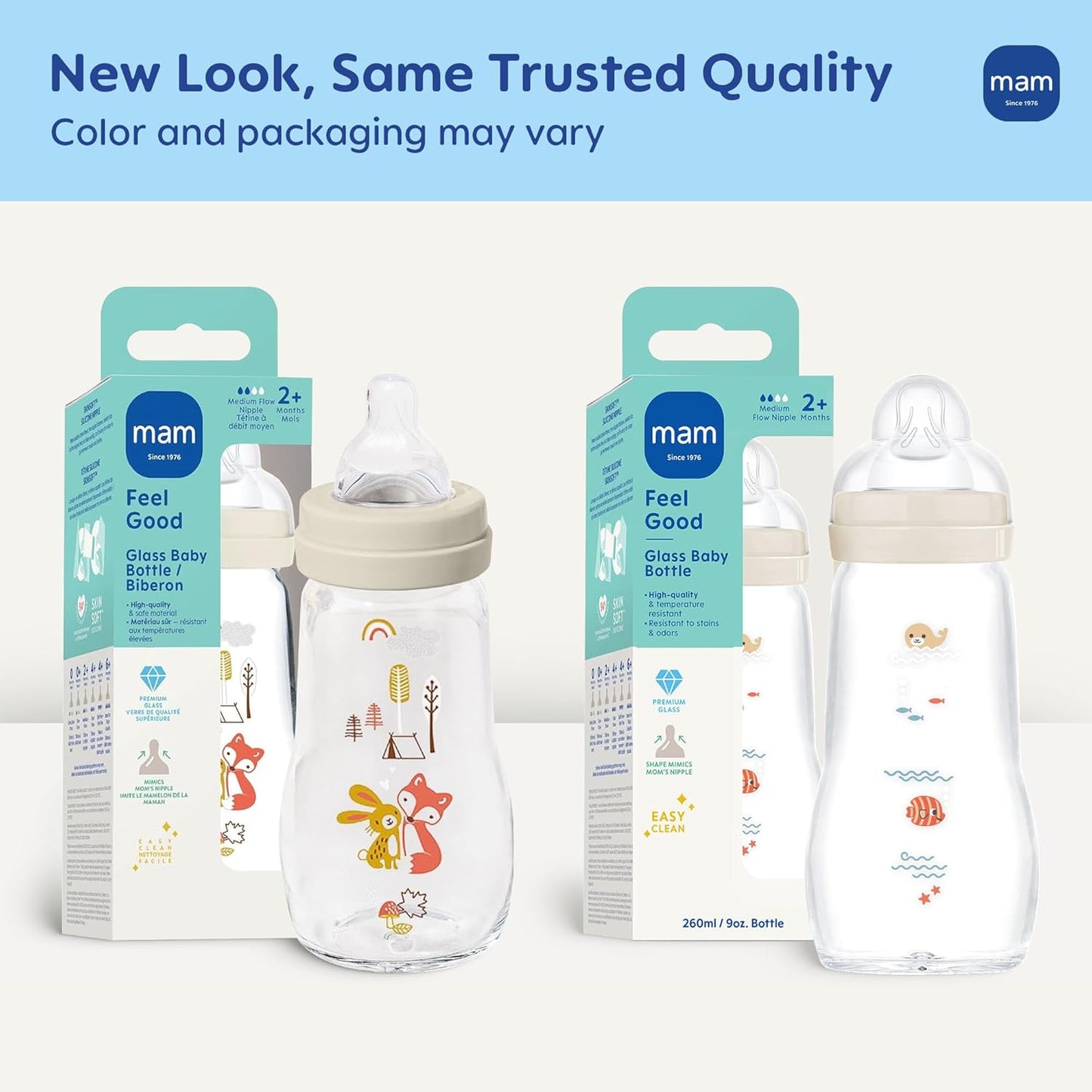 MAM 9oz Feel Good Pure Glass Anti-Colic Wide Neck Baby Bottle, Medium Flow Skin Soft Silicone Nipple, Easy to Clean, BPA Free, 2+ Months, Easy Switch Between Breast & Bottle, Made in Europe, 3 Pack