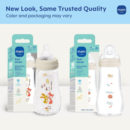 MAM 9oz Feel Good Pure Glass Anti-Colic Wide Neck Baby Bottle, Medium Flow Skin Soft Silicone Nipple, Easy to Clean, BPA Free, 2+ Months, Easy Switch Between Breast & Bottle, Made in Europe, 3 Pack