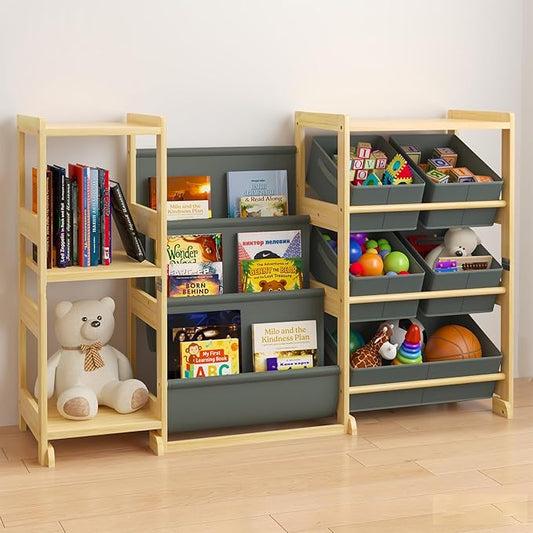 Kids Bookshelf and Toy Storage Organizer with 3-Tier Book Display and Shelves, Kids Toy Organizers and Storage with Bins, Book Shelf for Kids Rooms, Playroom Decor for Toddler Bedroom Nursery