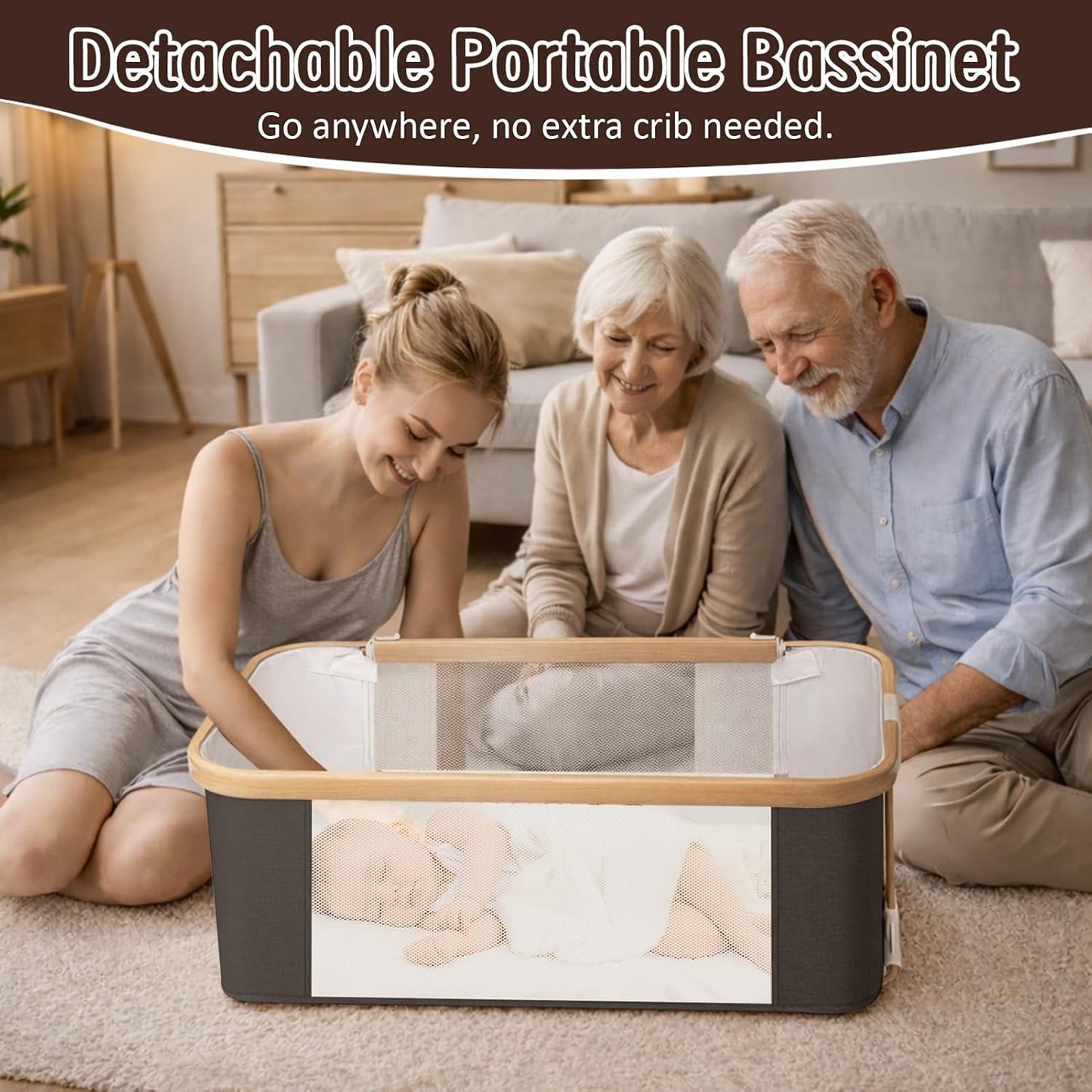 Rocking Baby Bassinet Bedside Sleeper, Detachable Portable Bassinet & Adjustable Crib with 8 Heights, Breathable Mesh, Storage Basket & Mobile Toy for Newborns to Toddlers(Oatmeal)