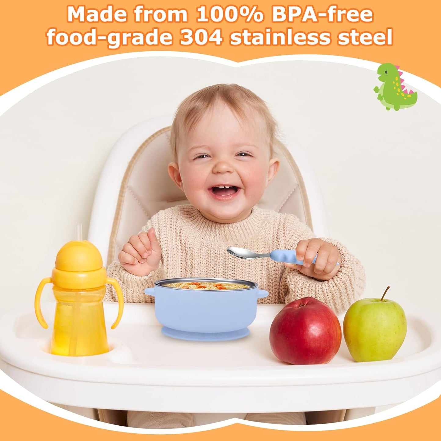 2 Pack Stainless Steel Baby Bowls with Removable Non-Slip Silicone Suction Shell and Lids, Anti Scald Food Container for Baby Food Feeding-Gray & Cream