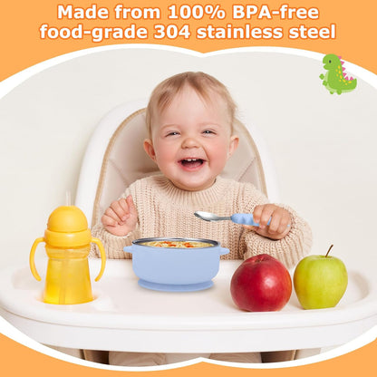 2 Pack Stainless Steel Baby Bowls with Removable Non-Slip Silicone Suction Shell and Lids, Anti Scald Food Container for Baby Food Feeding-Gray & Cream