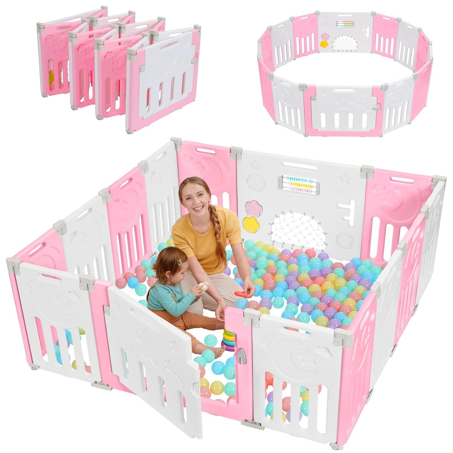 Baby Playpen, Dripex Baby Playard for Babies and Toddlers, 14-Panel Foldable Playpen Adjustable Portable Play Area, Indoor/Outdoor Kids Active Center with Game Panel & Safety Gate, Grey White