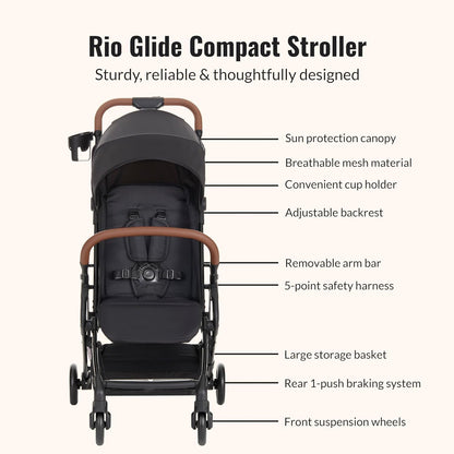 Dream On Me Rio Glide Ultra-Light Compact Stroller, One-Hand Self-Standing Fold, Adjustable Backrest & Footrest, 5-Point Harness, Cup Holder, Suspension Wheels with Storage Basket - Forest Green
