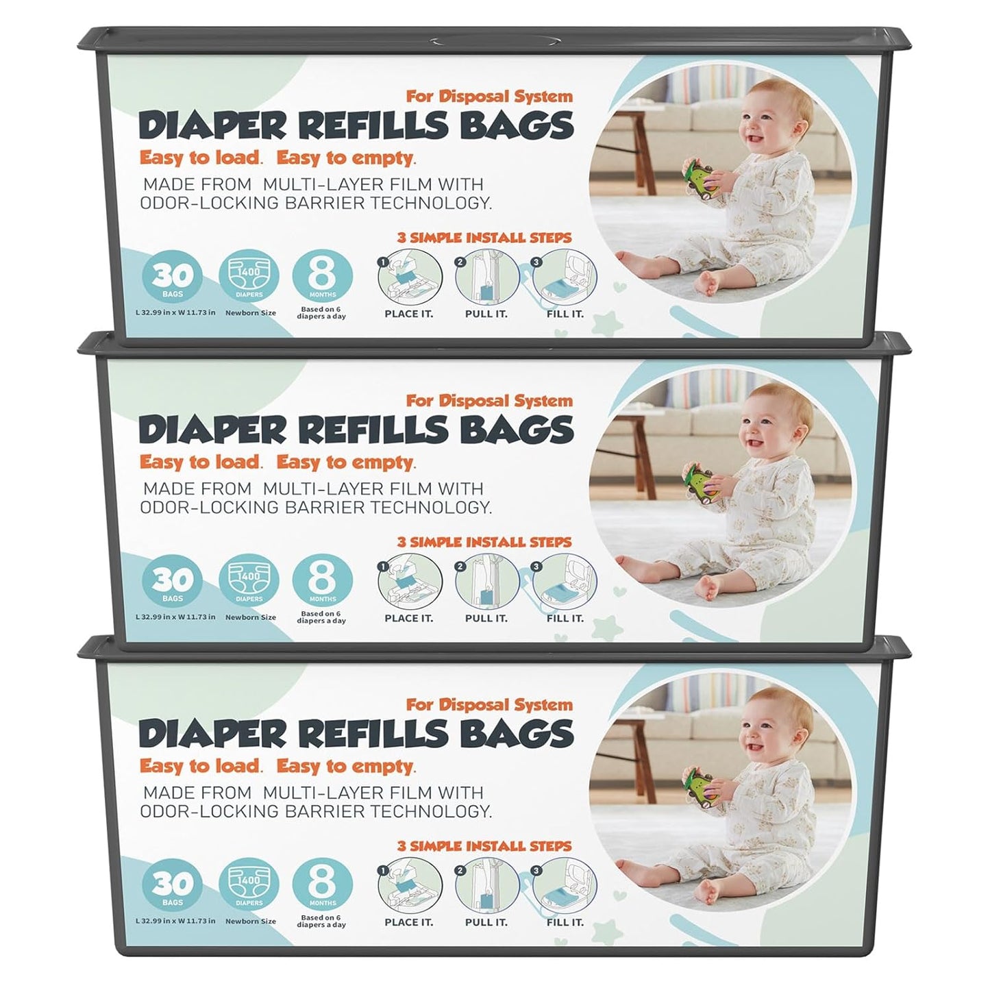 Diaper Pail Refills Bags with 30 Bags (Baby Powder Scent) Compatible with Genie Easy Roll Signature and Platinum Diaper Pails, 7-Layer Odor-Barrier Technology 3 Pack (90 Bag)