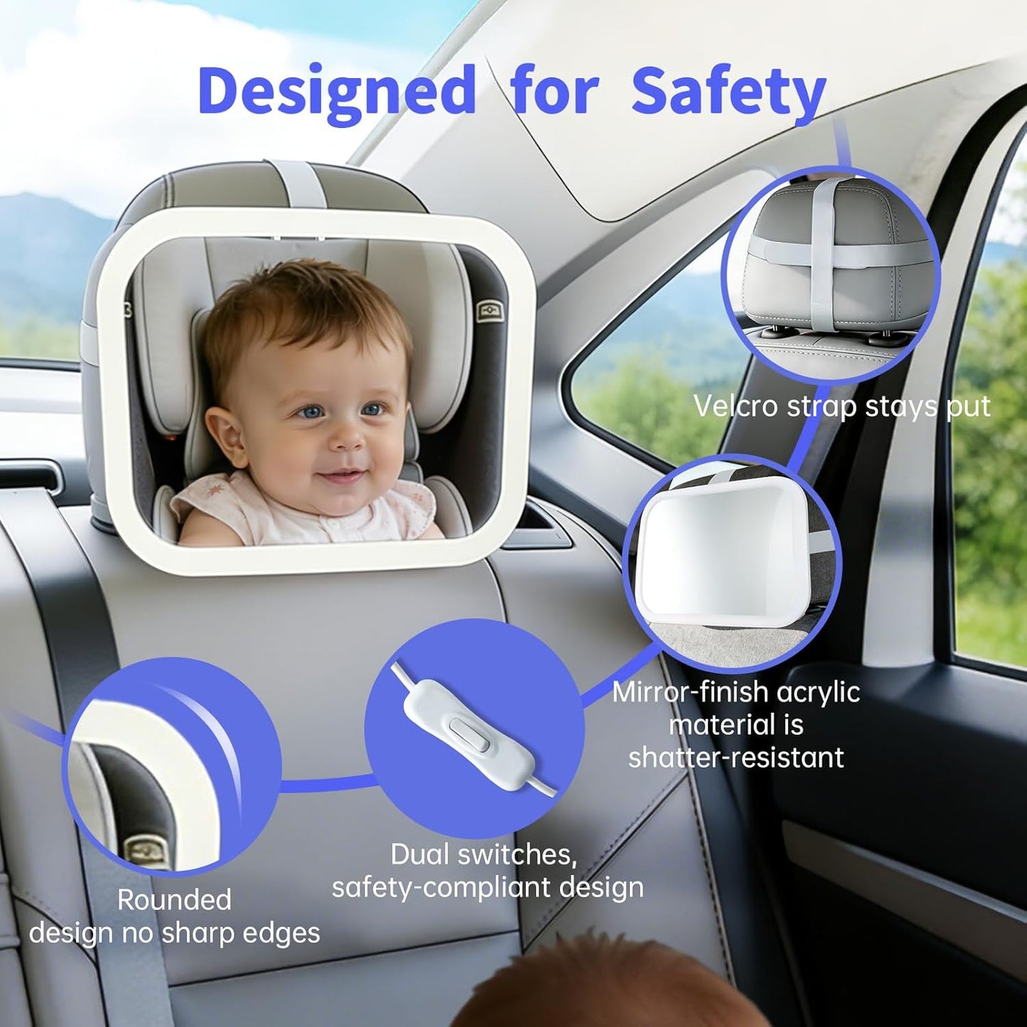 Baby Car Mirror with Remote Control Light, Shatterproof, 360° Adjustable Wide View with Night Vision, Easy Install for Rear Facing Infant Backseat (Voice gradient white)