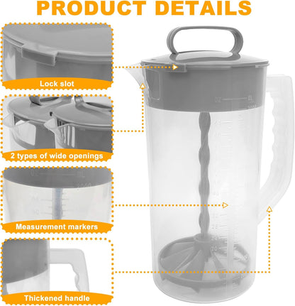 1 Pack Mixing Pitcher for Drinks 2 Quart/ 64oz Plastic Water Pitcher with Lid，Easy-Mix Juice Container，Angled Plastic Blades and Adjustable Mixer Plunger for Juice, Tea, Beverage Container