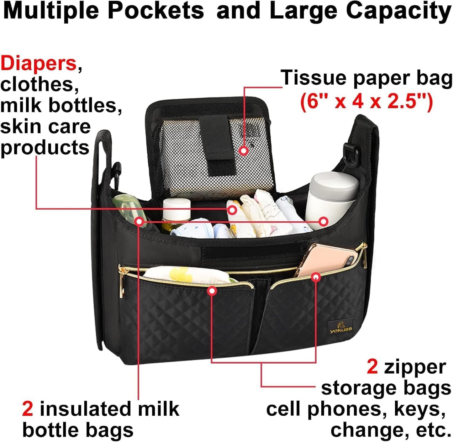Universal Stroller Organizer Bag, Black Quilted Design with 2 Insulated Bottle Pockets, Multiple Storage Compartments, Tissue Holder, 6 x 4 x 2.5 Inches