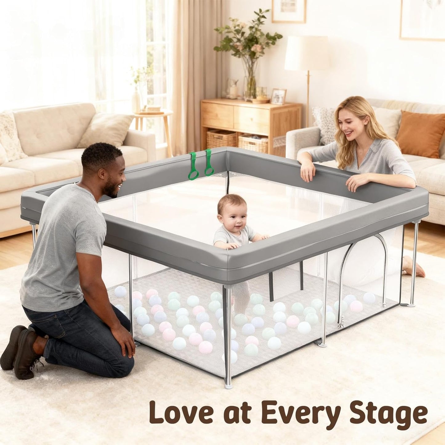 Foldable Baby Playpen, 50"×50" Collapsible Play Yard for Babies and Toddlers, No Assembly Required, Kids Safety Play Area with 4 Handles, 50 Balls and Visible Mesh, Black