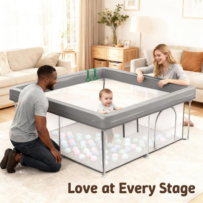 Foldable Baby Playpen, 50"×50" Collapsible Play Yard for Babies and Toddlers, No Assembly Required, Kids Safety Play Area with 4 Handles, 50 Balls and Visible Mesh, Black