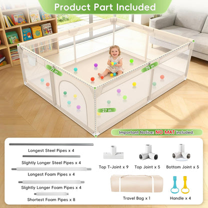 Baby Playpen with Mat 79x71inch - Extra Large Play Pen for Babies and Toddlers Indoor & Outdoor Baby Playard with Soft Breathable Mesh Cover - Sturdy Foam Infant Gate Playpen(Apricot)