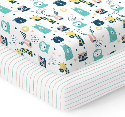 100% Organic Cotton Fitted Sheets for Graco Pack n Play, Babyletto, Pamo Babe, Hiccapop, Dream on Me, Evenflo, Baby Trend, Hygge Hush Portable/Mini Crib/Playards, Beka Bedside Bassinet 2 Pk