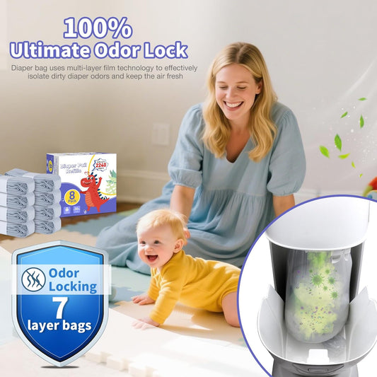 Diaper Pail Refill Bags 8 Pack Upgraded Odor Control Diaper Disposal Bag Compatible with All Diaper Trash Can, Compact Pail, Square Pails Diaper Pail Refills
