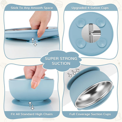 Toddler Plates and Bowls Set Stainless Steel - Bathchef Baby Feeding Set Strong Suction, BPA Free Durable Divided Plates, Safe Self Baby Feeding Utensils,Cup,Spoon,Fork,Dishwasher Safe,6pcs,Pink