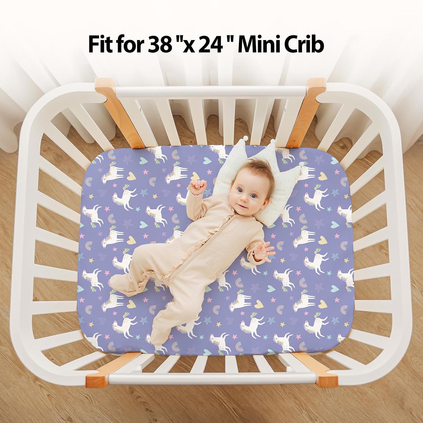 Baby Mini Crib Sheets Girl, Portable 38”x26” Pack and Play Sheets Fitted for Playard and Pack N Play Mattress, 3-Pack Soft Microfiber Pink Rainbow