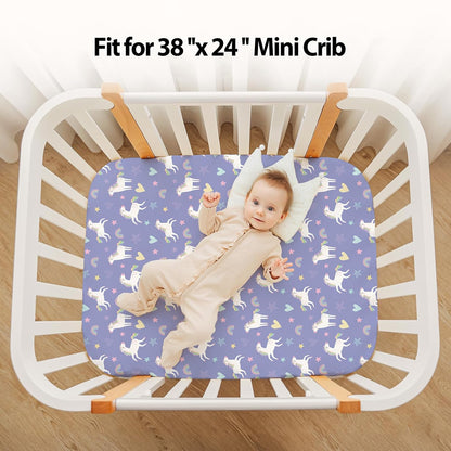 Baby Mini Crib Sheets Girl, Portable 38”x26” Pack and Play Sheets Fitted for Playard and Pack N Play Mattress, 3-Pack Soft Microfiber Pink Rainbow