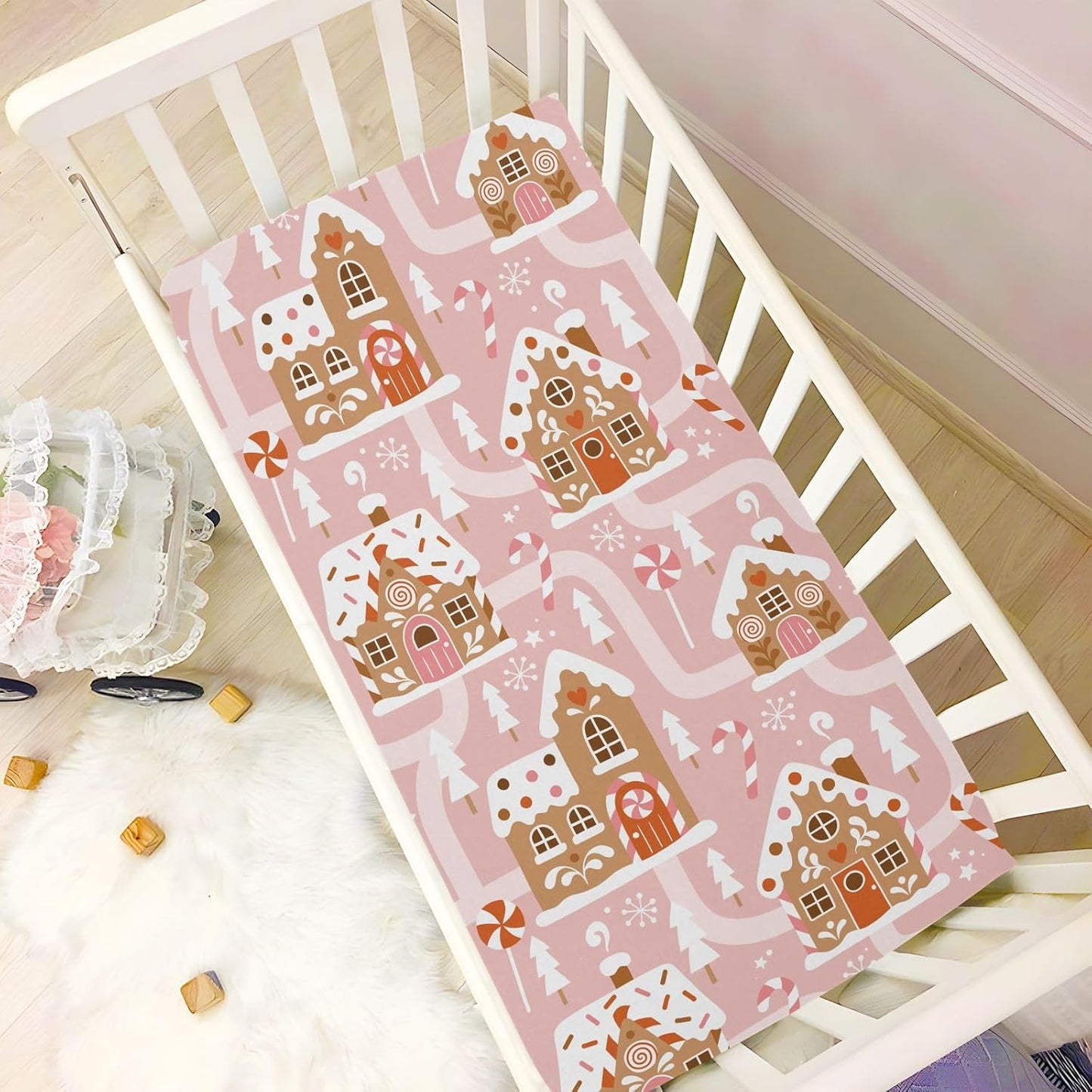 Fitted Crib Sheets Pink Checkered and Bows Stretchy Portable Playard Sheets for Baby Toddler, Breathable Soft Mini Crib Mattress 39 x 27 in for Boys and Girls