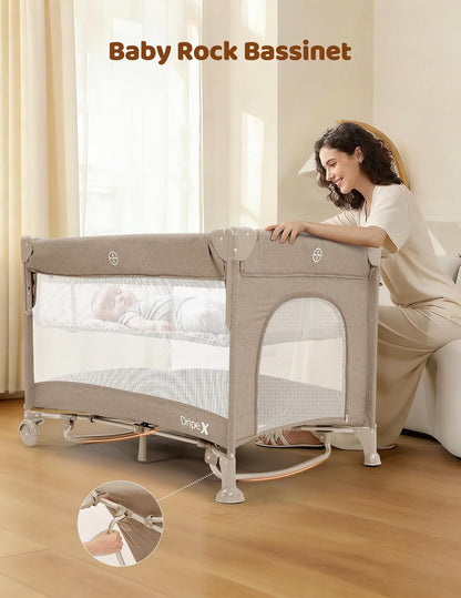Dripex 5 in 1 Pack n Play Bedside Sleeper, 2-Level Height Baby Crib, Storage Pocket & Breathable Mesh - Foldable Portable Baby Bedside Bassinet for 0 to 12 Months (Travel/Home), Dark Grey