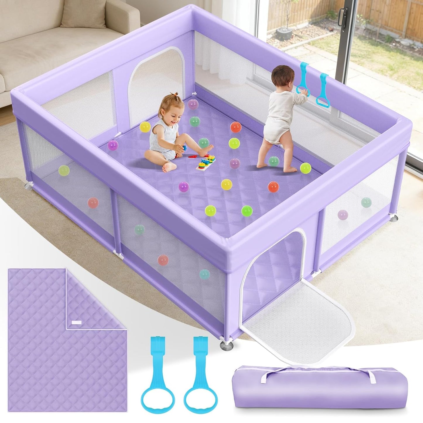 Baby Playpen with Mat - 79"x71" Extra Large Play Pens for Babies and Toddlers Indoor Safety Baby Fence with Soft Breathable Mesh - All-Wrapped Sponge Sturdy Play Yard with Handle & Bag Purple