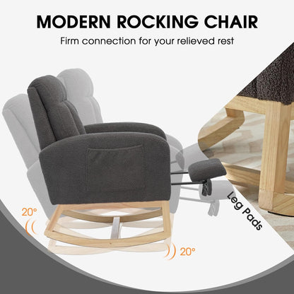 NIOIIKIT Modern Nursery Rocking Chair, Teddy Upholstered Rocking Chair with Footrest, Comfortable Rocker Recliner with Side Pocket, Rocker Glider for Living Room, Bedroom, Nursing Room (Apricot)