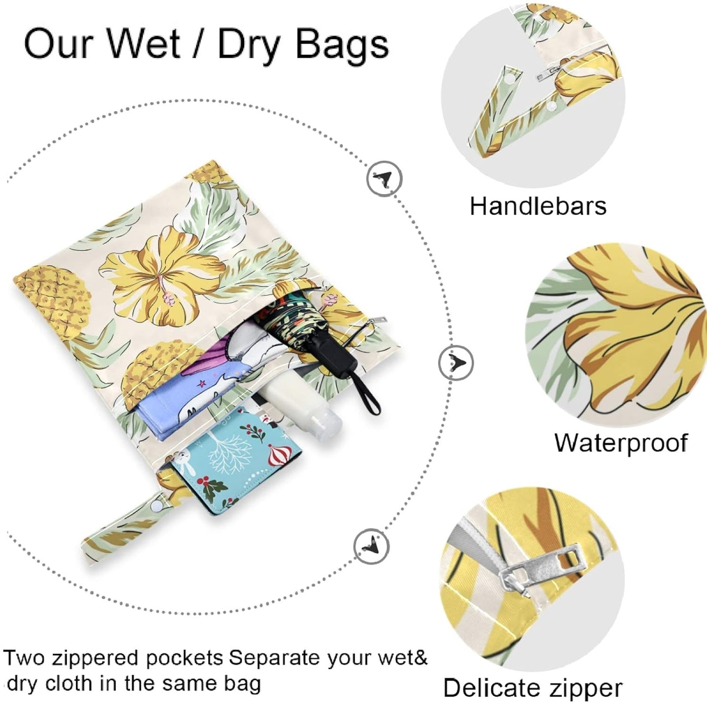 visesunny Yellow Dinosaurs Volcano and Palm Tree 2Pcs Wet Bag with Zippered Pockets Washable Reusable Roomy for Travel,Beach,Pool,Daycare,Stroller,Diapers,Dirty Gym Clothes, Wet Swimsuits, Toiletries