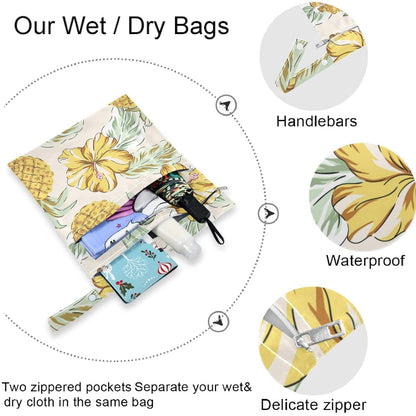 visesunny Yellow Dinosaurs Volcano and Palm Tree 2Pcs Wet Bag with Zippered Pockets Washable Reusable Roomy for Travel,Beach,Pool,Daycare,Stroller,Diapers,Dirty Gym Clothes, Wet Swimsuits, Toiletries