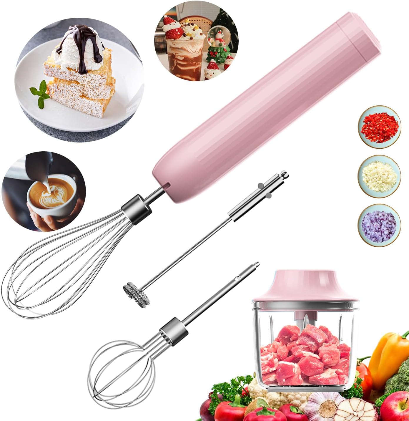 Hand Mixer with Whisk and Forther Wand,Electric Whisk, Milk Frother, Hand Held Mixers,Cordless Hand Mixer, Whisks for Cooking, Mini Mixer,Stirrers Electric,Food Chopper, Baby Food Maker,4-Speed, 10Oz