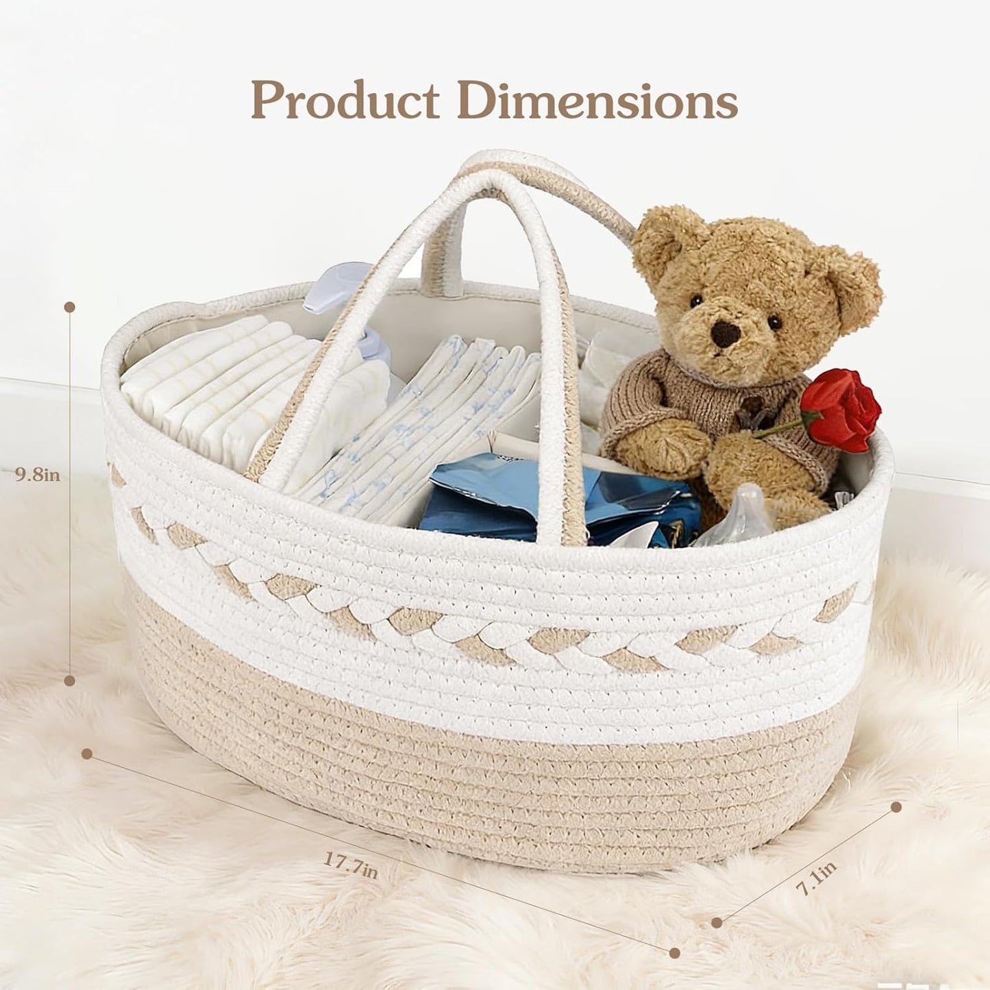 Diaper caddy Organizer, Cotton Rope Gift Basket with Removable Divider, Nursery Storage Organizer for Baby Essentials, Changing Table Diaper Storage Caddy (Pink)