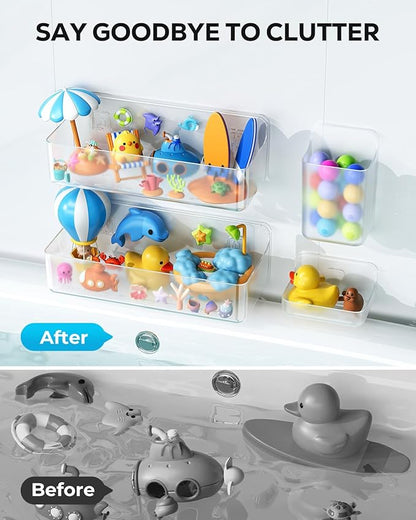 Nieifi Bath Toy Storage Holder, Bathtub Toy Storage, Large Capacity Bath Toy Organizer, Adhesive Shower Caddy for Bathroom, Clear (2 large + 1 small + 1 long)