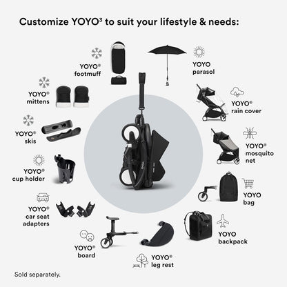 Stokke YOYO3 Stroller from 6 Months - Includes Black Frame, Seat Cushion & Canopy - Folds in & Out in a Flash - Light & Compact - Carry-On Compatible