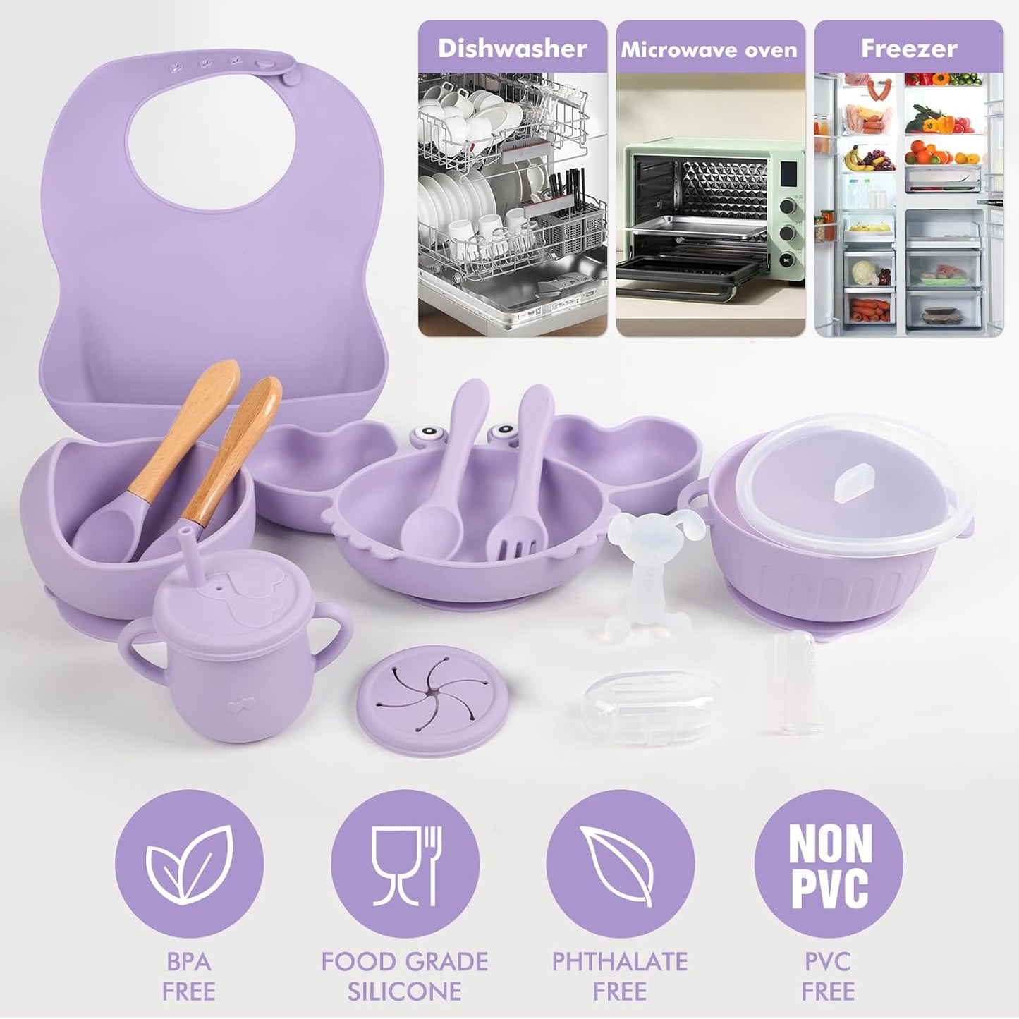 Silicone Baby Feeding Set 15 Pcs，Baby Spoons Suction Bowl Divided Plate Bib Cup Finger Brush Training cups,Baby Led Weaning Supplies,Baby Plates，Toddler Feeding Plates and Bowls Set（purple）