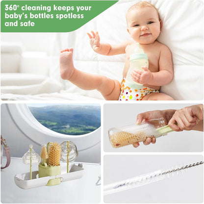 Baby Bottle Brush Set - Baby Bottle Cleaner Kit with Nipple Brush, Silicone Bottle Brush, Straw Cleaner Brush, Soap Dispenser, Bottle Drying Rack - 7 in 1 Bottle Cleaning Tool Set for Home and Travel