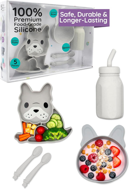 Melii 5-Piece Silicone Baby Feeding Set – Divided Suction Plate, Suction Bowl, Straw Cup & Spoons – Food-Grade Silicone, BPA-Free, Dishwasher & Microwave Safe, BLW Toddler Feeding Set, Dinosaur Design