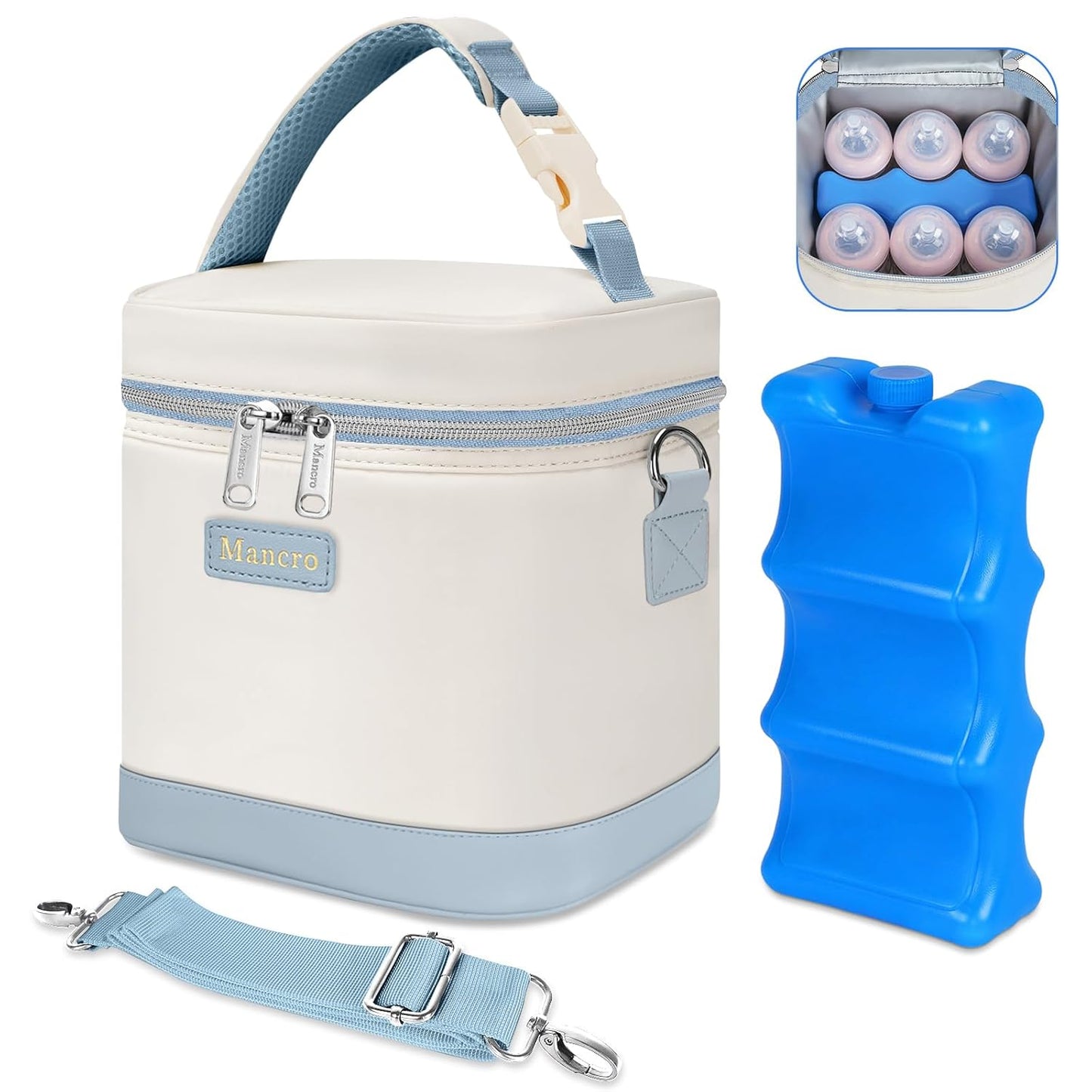 Mancro Breastmilk Cooler Bag with Ice Pack, Fits 6 Baby Bottles Up to 9 Ounce Insulated Baby Bottle Bag, Breast Milk Cooler on The go with Strap, Bottle Storage Bag for Nursing Mom Daycare, Black