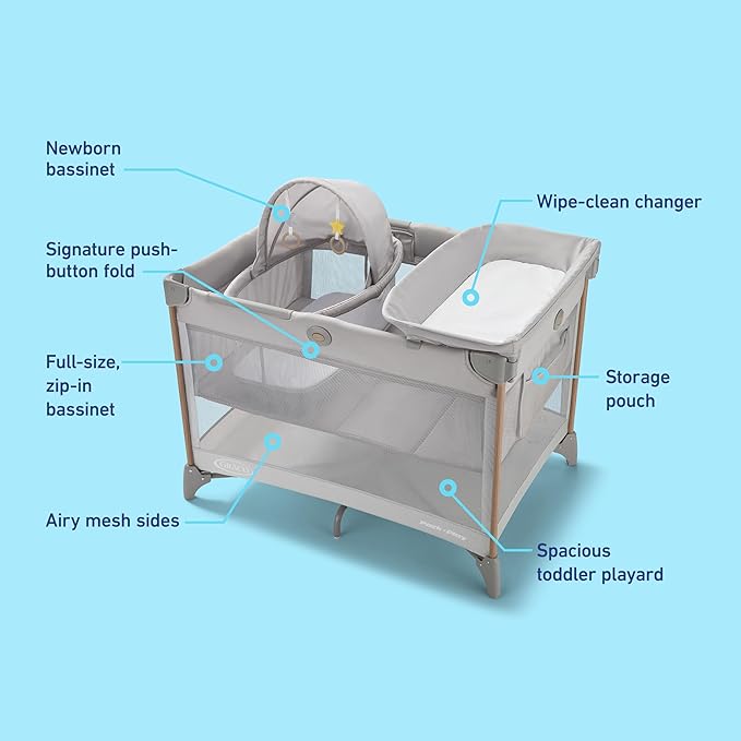 Graco Pack n’ Play CareSuite Playard, Portable Playpen with Baby Bassinet, Changing Table, Sky