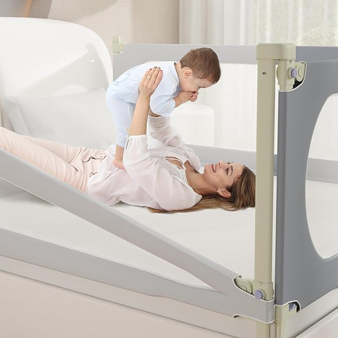 Bed Rail for Toddlers Twin, Full, Queen, King & Cal kingMattress Size | Swing Down Rail Guard | Mattress Side Rail for Kids (Gray and White, (3 Sides for Twin Size) 75x75x39 Inch)